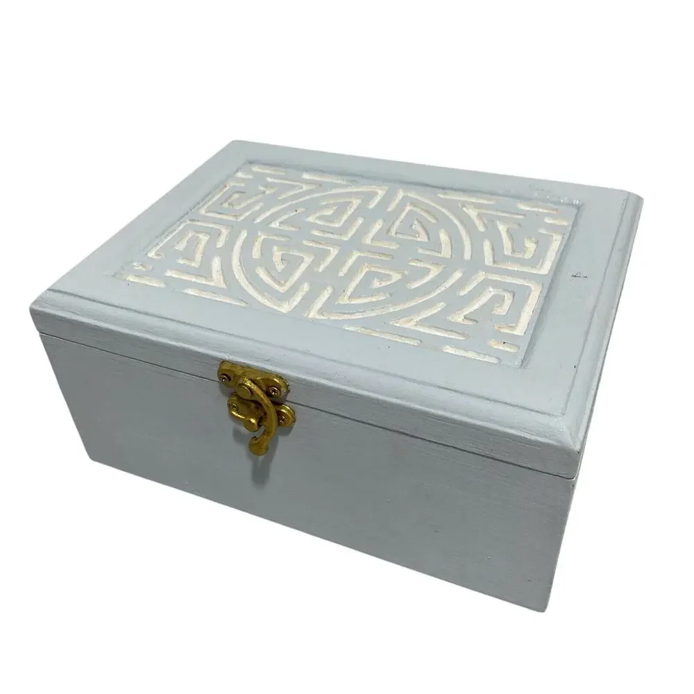 Vintage jewelry trinket keepsake box modified wood painted blue & white crafted